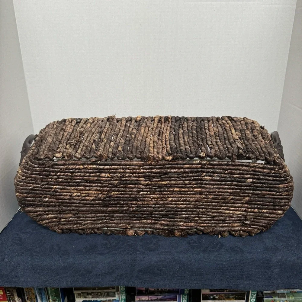 Long Wicker Basket Container Brown‎ Seagrass Leather Handles Metal Frame 19.5
